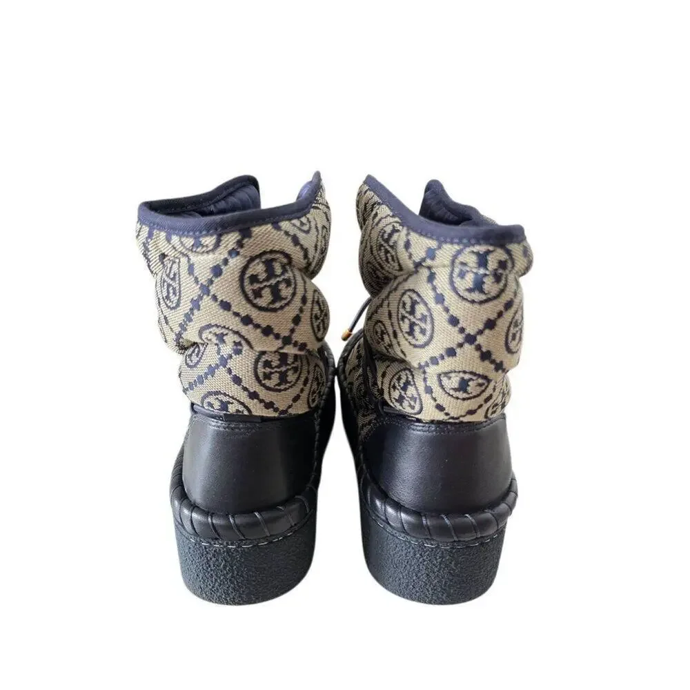 Tory Burch T Monogram‎ Boot 5 Logo Navy Gold Platform Bootie Shearling Footbed